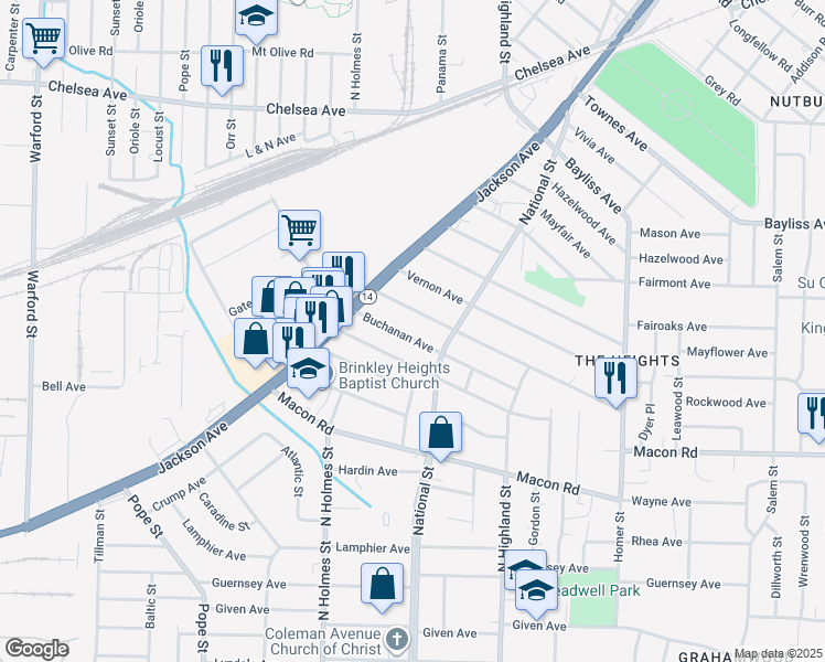 map of restaurants, bars, coffee shops, grocery stores, and more near 3394 Buchanan Avenue in Memphis