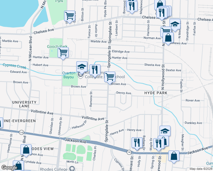 map of restaurants, bars, coffee shops, grocery stores, and more near 1088 Springdale Street in Memphis