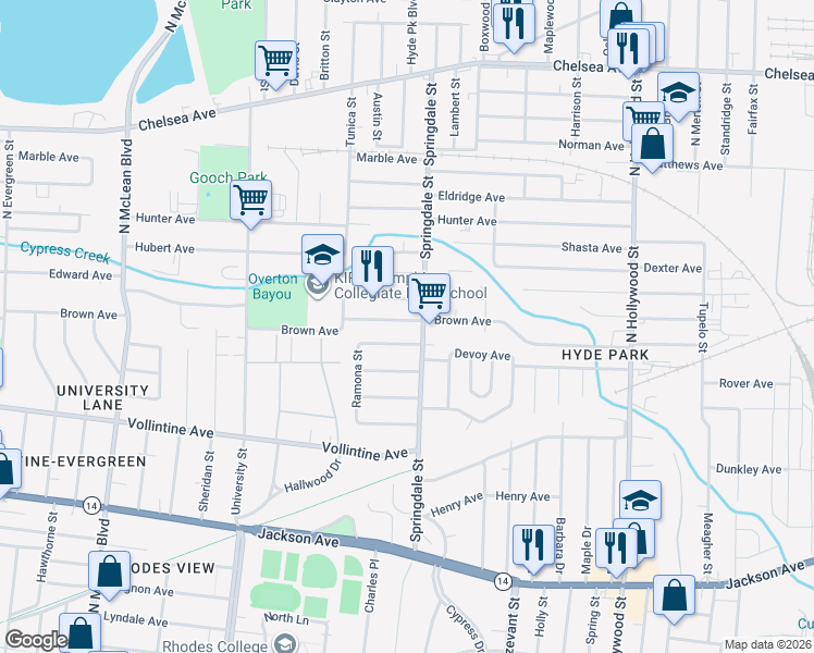 map of restaurants, bars, coffee shops, grocery stores, and more near 2170 Piedmont Avenue in Memphis