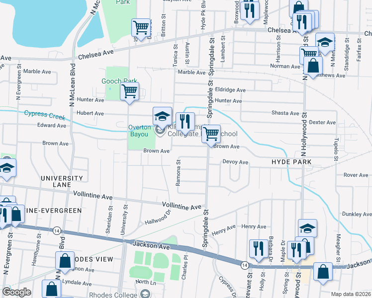 map of restaurants, bars, coffee shops, grocery stores, and more near 2130 Piedmont Avenue in Memphis