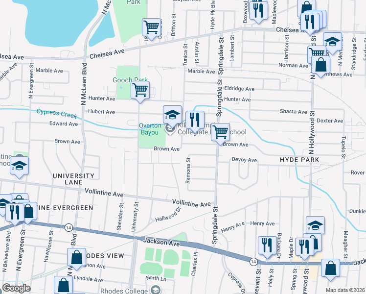 map of restaurants, bars, coffee shops, grocery stores, and more near 2130 Piedmont Avenue in Memphis