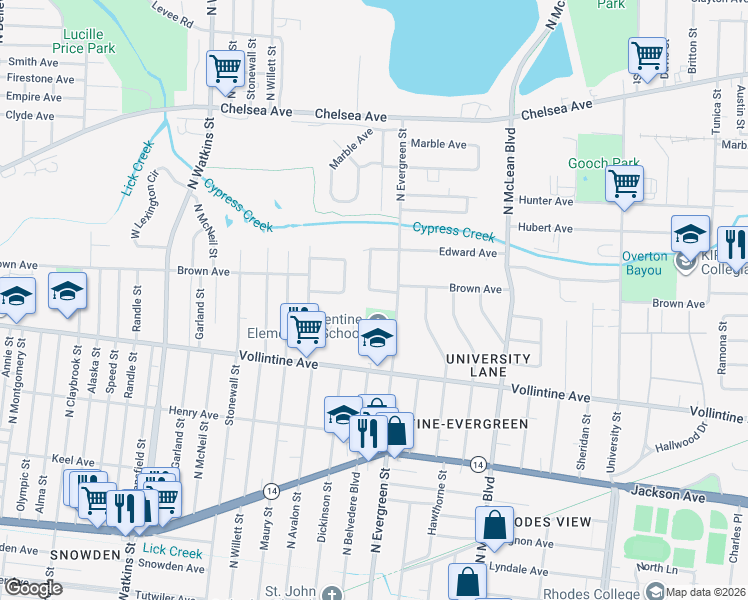 map of restaurants, bars, coffee shops, grocery stores, and more near 1685 Rosebud Lane in Memphis