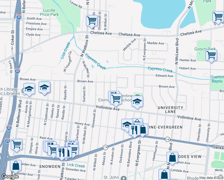 map of restaurants, bars, coffee shops, grocery stores, and more near 1009 North Avalon Street in Memphis