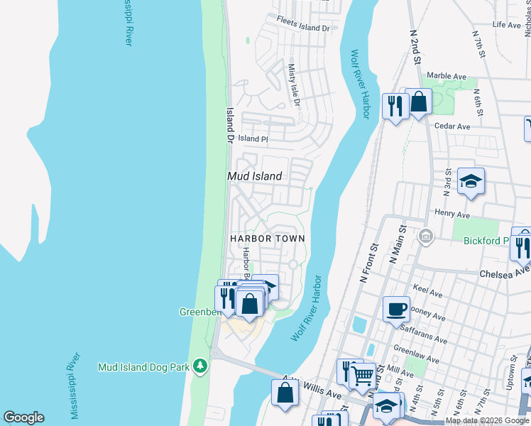 map of restaurants, bars, coffee shops, grocery stores, and more near 130 Harbor Isle Circle North in Memphis