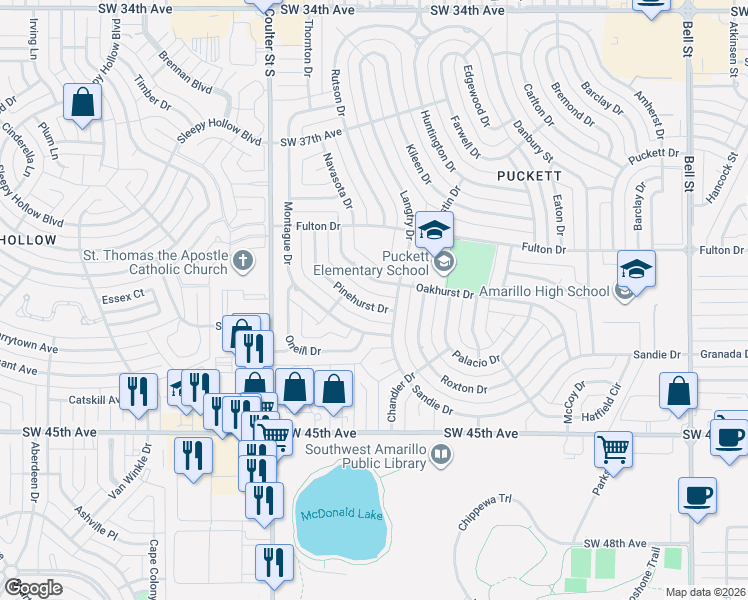 map of restaurants, bars, coffee shops, grocery stores, and more near 4109 Pinehurst Drive in Amarillo