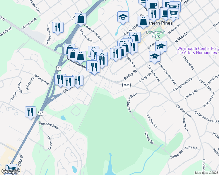 map of restaurants, bars, coffee shops, grocery stores, and more near 16 Elk Ridge Lane in Southern Pines