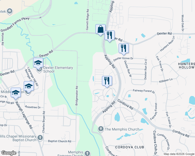 map of restaurants, bars, coffee shops, grocery stores, and more near 7423 Appling Rain Drive in Shelby County