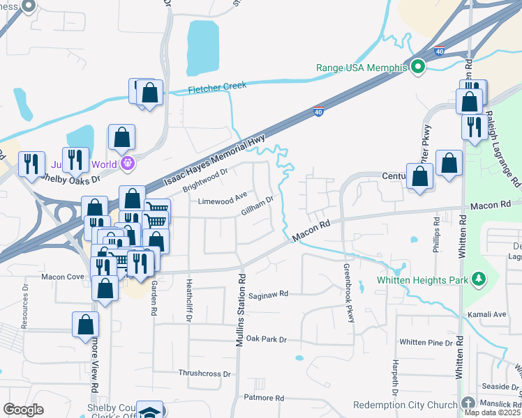 map of restaurants, bars, coffee shops, grocery stores, and more near 6409 Gillham Drive in Memphis