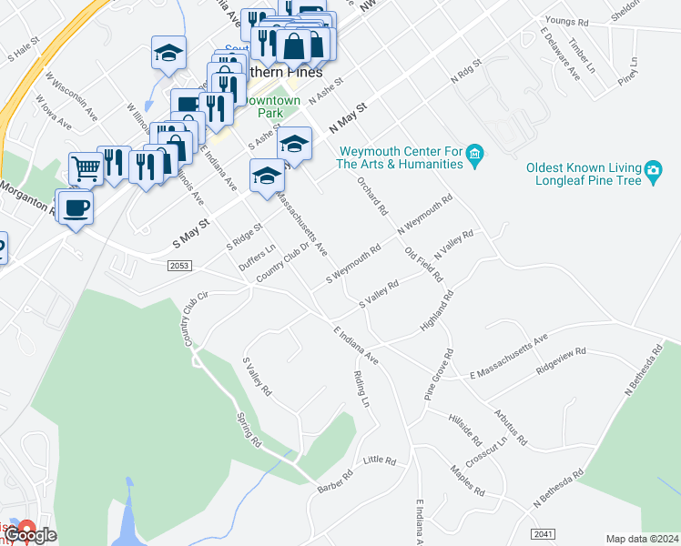 map of restaurants, bars, coffee shops, grocery stores, and more near 298 South Weymouth Road in Southern Pines