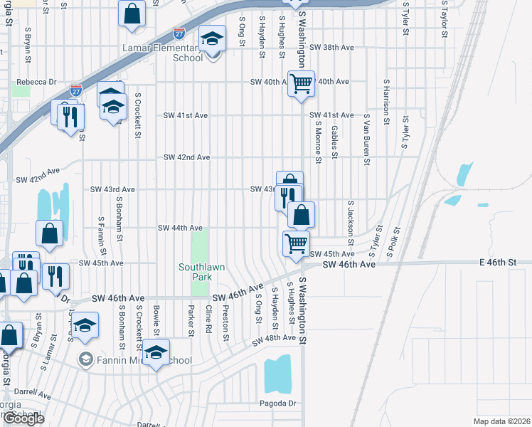 map of restaurants, bars, coffee shops, grocery stores, and more near 4402 South Washington Street in Amarillo