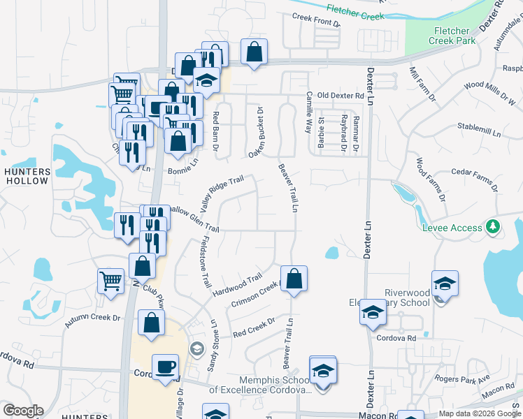 map of restaurants, bars, coffee shops, grocery stores, and more near 1486 Rocky Meadows Trail in Memphis