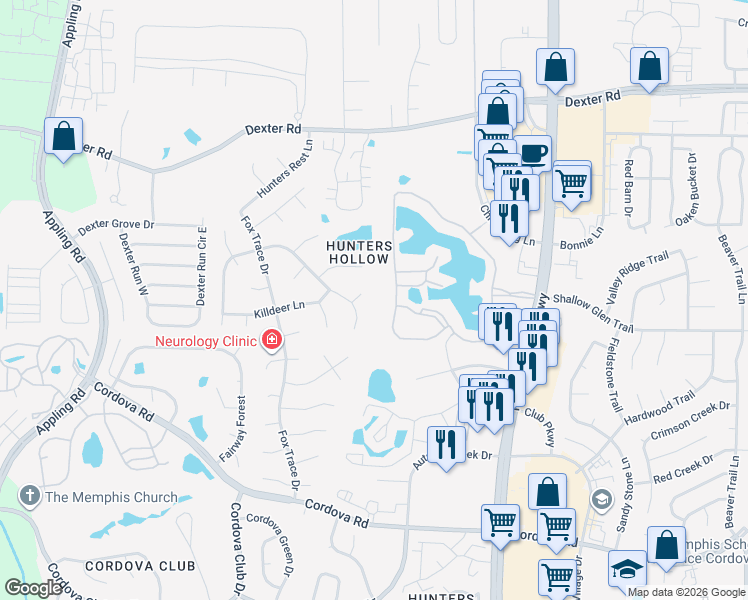 map of restaurants, bars, coffee shops, grocery stores, and more near 7851 Lacewing Trace Court in Memphis
