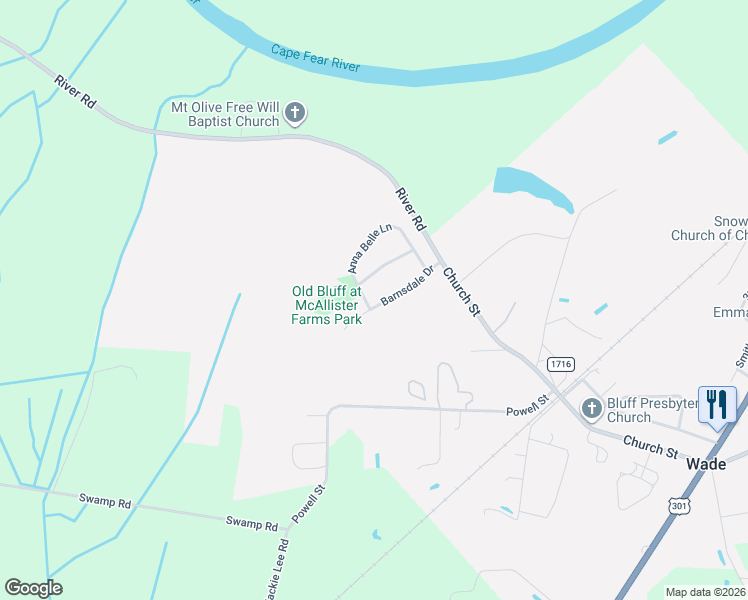 map of restaurants, bars, coffee shops, grocery stores, and more near 3824 Barnsdale Drive in Wade