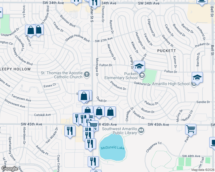 map of restaurants, bars, coffee shops, grocery stores, and more near 6818 Montague Drive in Amarillo