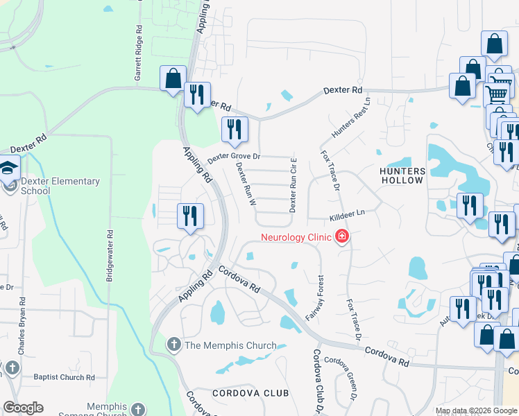map of restaurants, bars, coffee shops, grocery stores, and more near 7609 Dexter Park Drive in Memphis
