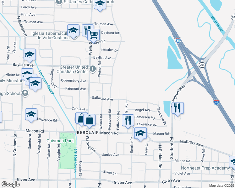 map of restaurants, bars, coffee shops, grocery stores, and more near 4434 Gailwood Avenue in Memphis
