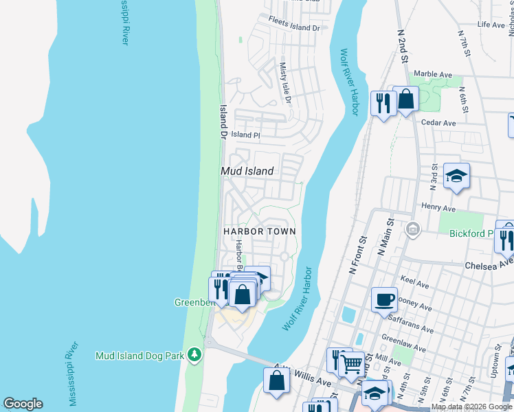 map of restaurants, bars, coffee shops, grocery stores, and more near 130 Harbor Isle Circle North in Memphis