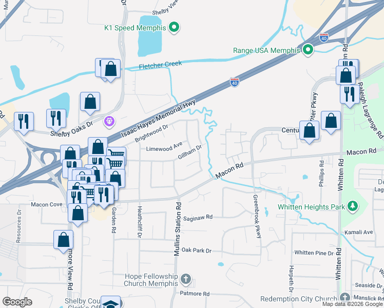 map of restaurants, bars, coffee shops, grocery stores, and more near 6389 Gillham Drive in Memphis