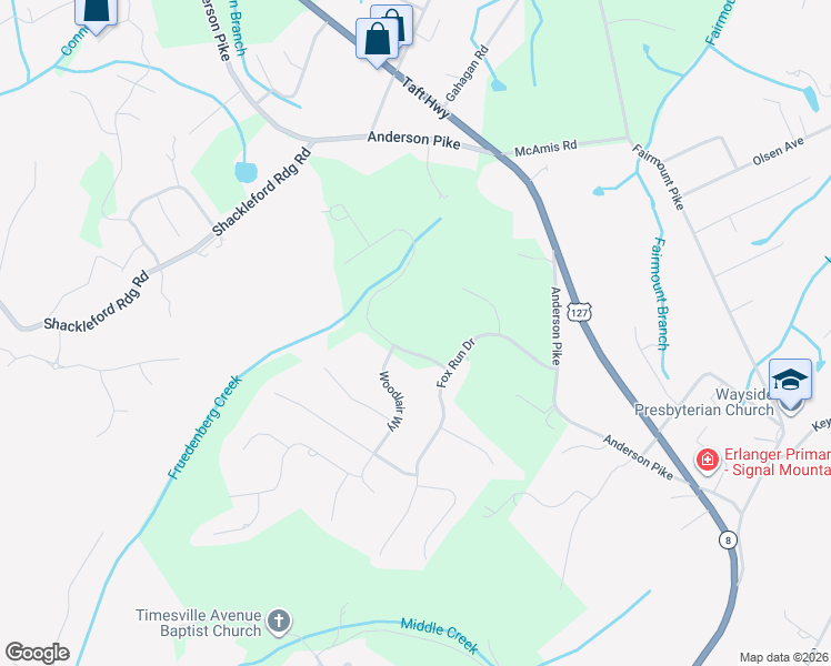 map of restaurants, bars, coffee shops, grocery stores, and more near 2307 Wood Sorrell Lane in Signal Mountain