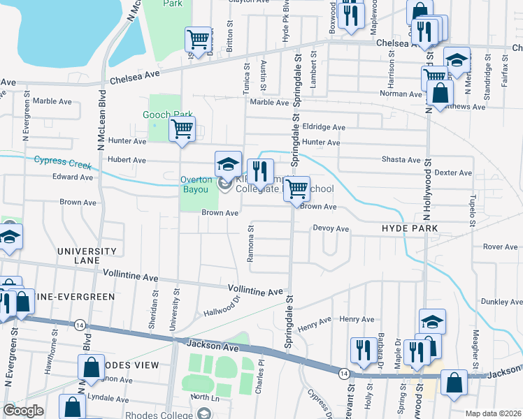 map of restaurants, bars, coffee shops, grocery stores, and more near 2130 Piedmont Avenue in Memphis
