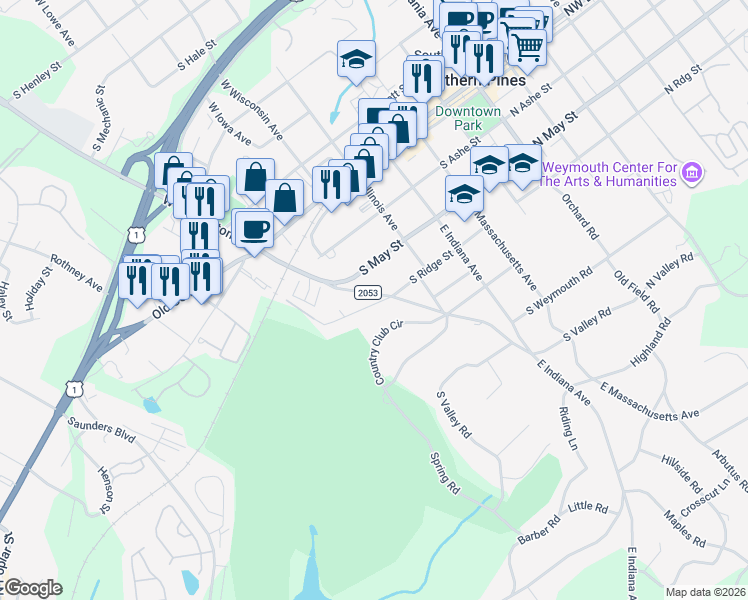 map of restaurants, bars, coffee shops, grocery stores, and more near 709 South Ridge Street in Southern Pines