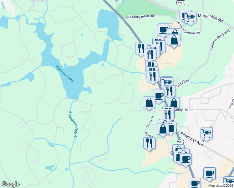 map of restaurants, bars, coffee shops, grocery stores, and more near 380 Lake Dornoch Drive in Pinehurst