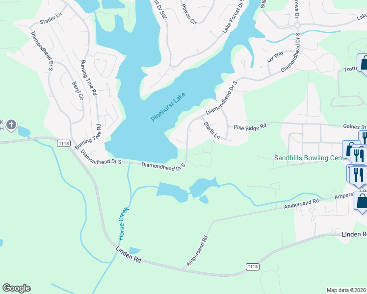 map of restaurants, bars, coffee shops, grocery stores, and more near 615 Diamondhead Drive South in Pinehurst