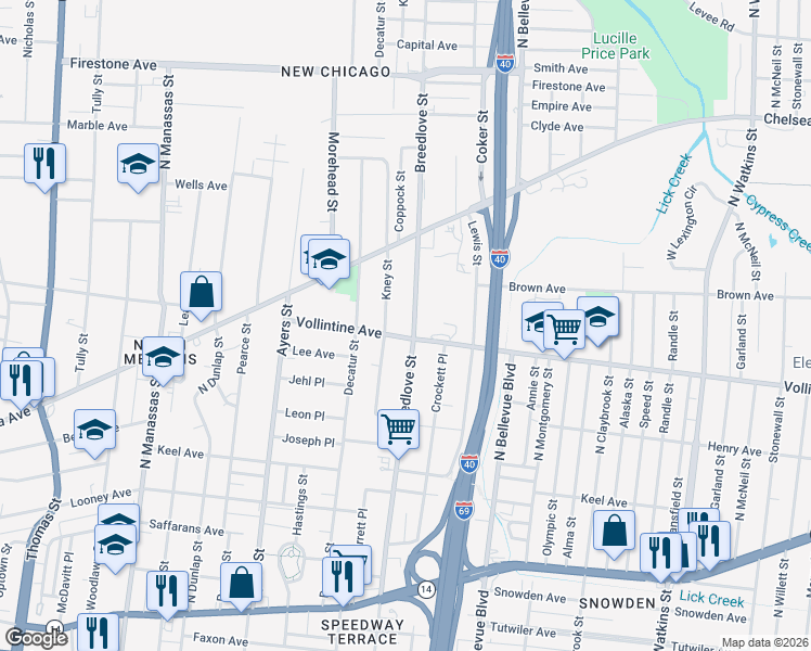 map of restaurants, bars, coffee shops, grocery stores, and more near 1039 Vollintine Avenue in Memphis