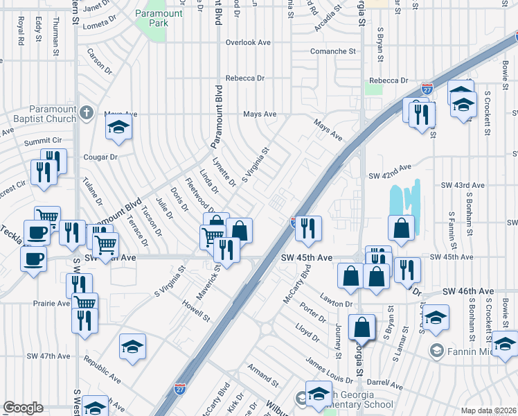 map of restaurants, bars, coffee shops, grocery stores, and more near 4207 Woodfield Street in Amarillo