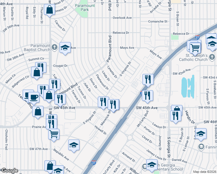 map of restaurants, bars, coffee shops, grocery stores, and more near 3921 Fleetwood Drive in Amarillo