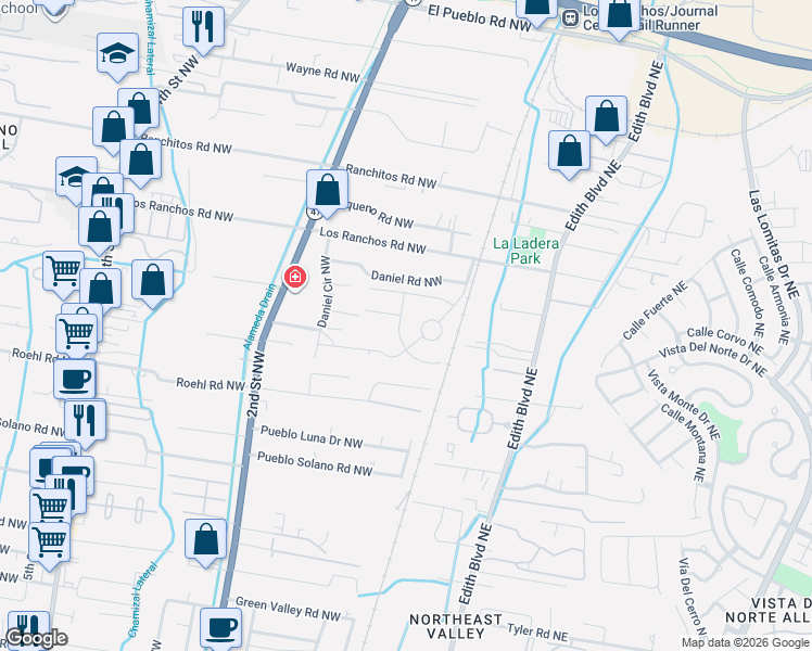 map of restaurants, bars, coffee shops, grocery stores, and more near 7700 Daniel Circle Northwest in Albuquerque