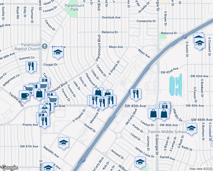 map of restaurants, bars, coffee shops, grocery stores, and more near 4005 Linda Drive in Amarillo