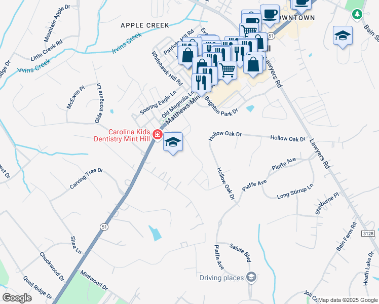 map of restaurants, bars, coffee shops, grocery stores, and more near 6400 Matthews-Mint Hill Road in Mint Hill