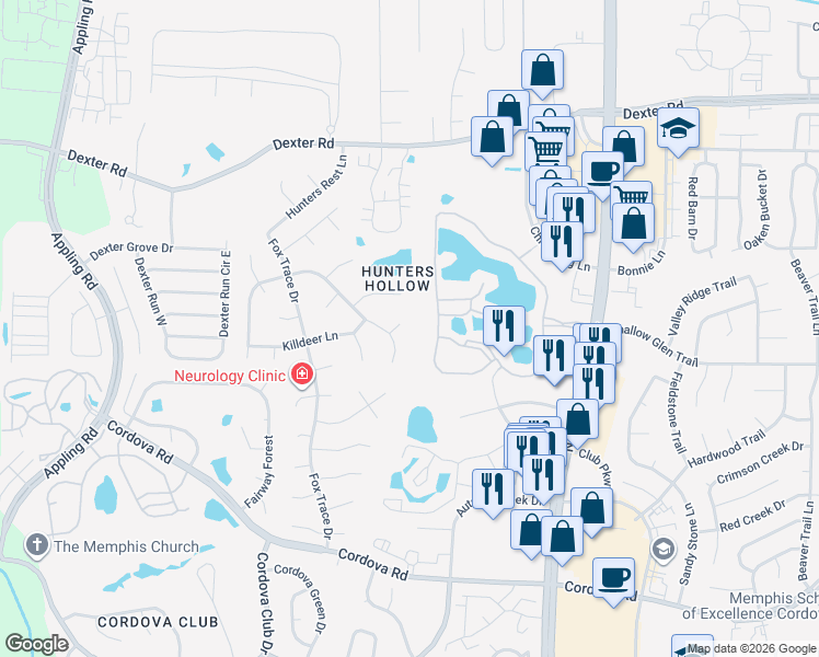 map of restaurants, bars, coffee shops, grocery stores, and more near 7851 Lacewing Trace Court in Memphis