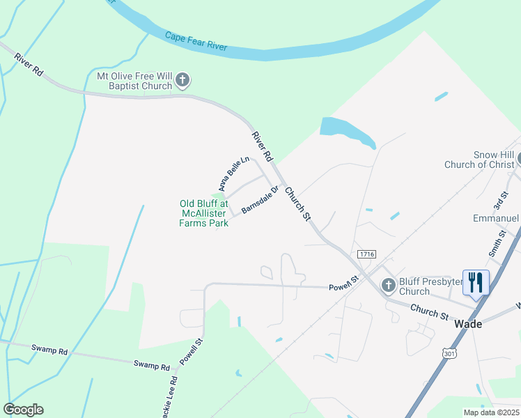 map of restaurants, bars, coffee shops, grocery stores, and more near 3906 Barnsdale Drive in Wade
