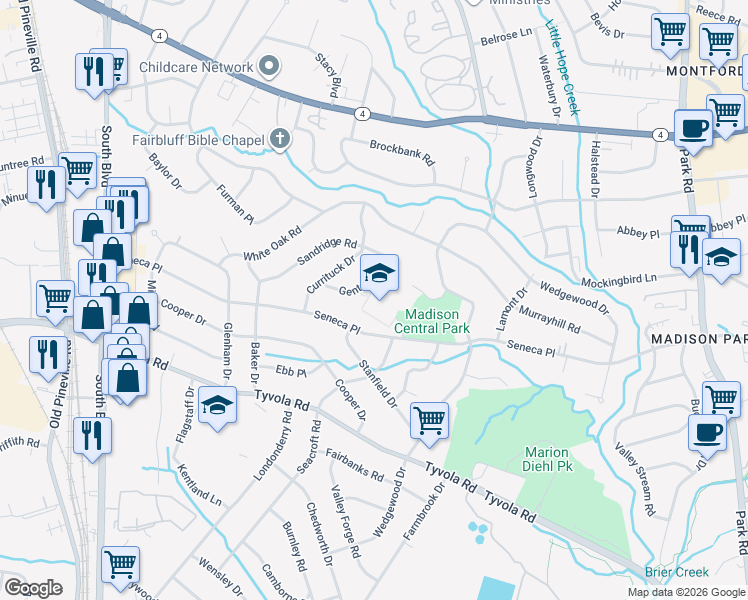 map of restaurants, bars, coffee shops, grocery stores, and more near 805 Seneca Place in Charlotte