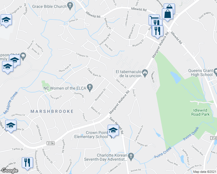 map of restaurants, bars, coffee shops, grocery stores, and more near 9601 Farmridge Lane in Matthews