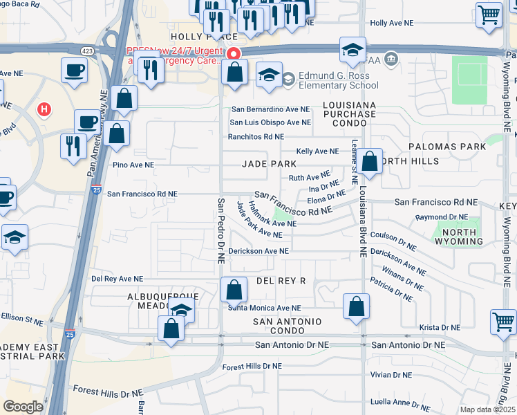 map of restaurants, bars, coffee shops, grocery stores, and more near 6613 Hallmark Avenue Northeast in Albuquerque