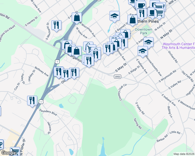 map of restaurants, bars, coffee shops, grocery stores, and more near 16 Elk Ridge Lane in Southern Pines
