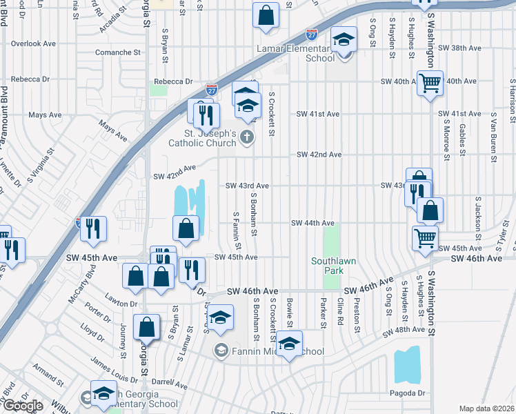 map of restaurants, bars, coffee shops, grocery stores, and more near 4314 Crockett Street in Amarillo