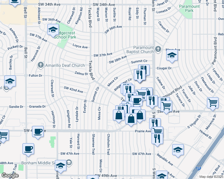 map of restaurants, bars, coffee shops, grocery stores, and more near 4403 Mesa Circle in Amarillo