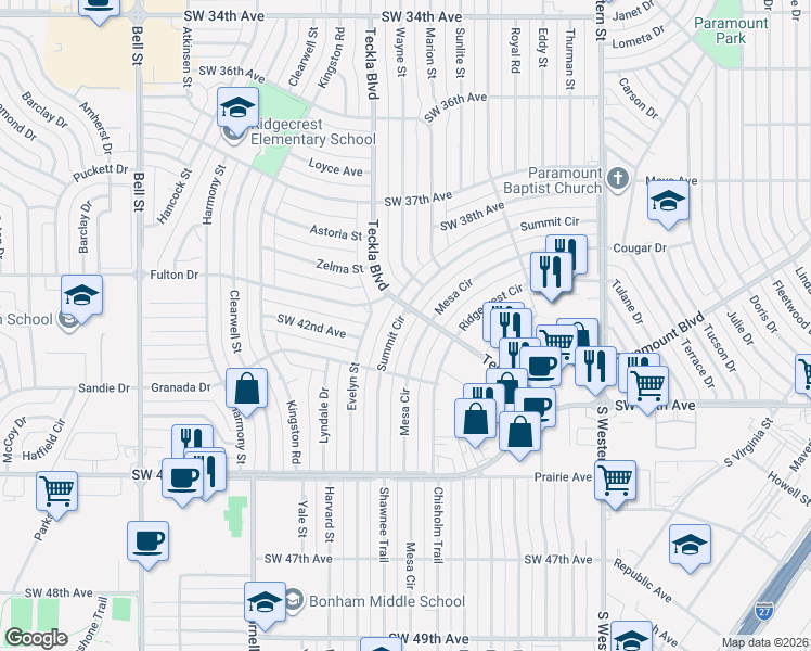 map of restaurants, bars, coffee shops, grocery stores, and more near 4411 Summit Cir in Amarillo