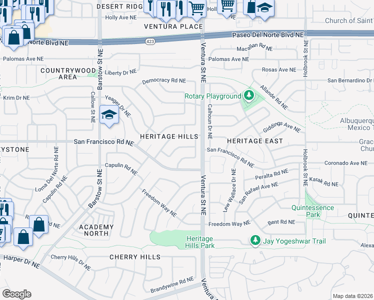map of restaurants, bars, coffee shops, grocery stores, and more near 7429 Volunteer Street Northeast in Albuquerque