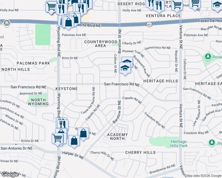 map of restaurants, bars, coffee shops, grocery stores, and more near 8304 San Miguel Court Northeast in Albuquerque