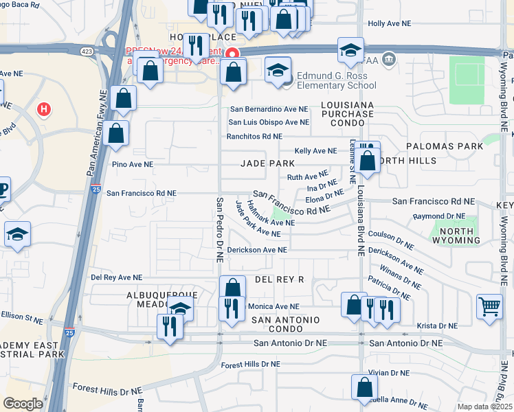 map of restaurants, bars, coffee shops, grocery stores, and more near 6613 Hallmark Avenue Northeast in Albuquerque