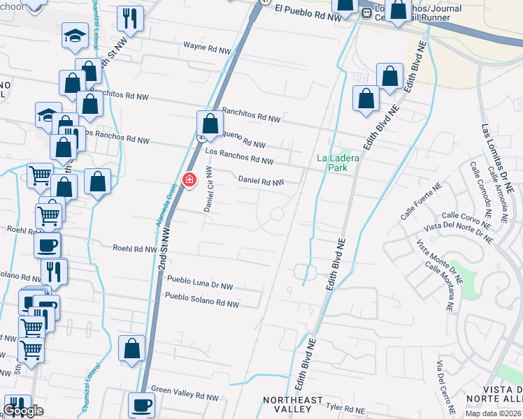 map of restaurants, bars, coffee shops, grocery stores, and more near 7700 Daniel Circle Northwest in Albuquerque