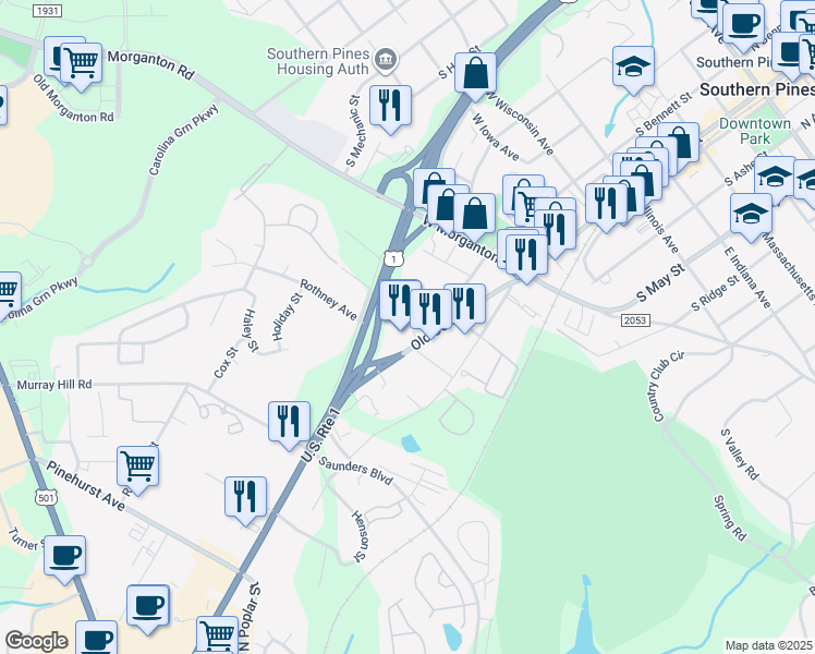 map of restaurants, bars, coffee shops, grocery stores, and more near 1115 Old US Highway 1 in Southern Pines