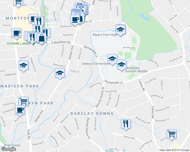 map of restaurants, bars, coffee shops, grocery stores, and more near 3201 Sunnymede Lane in Charlotte