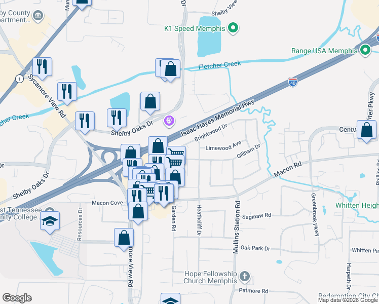 map of restaurants, bars, coffee shops, grocery stores, and more near 6258 Gillham Drive in Memphis