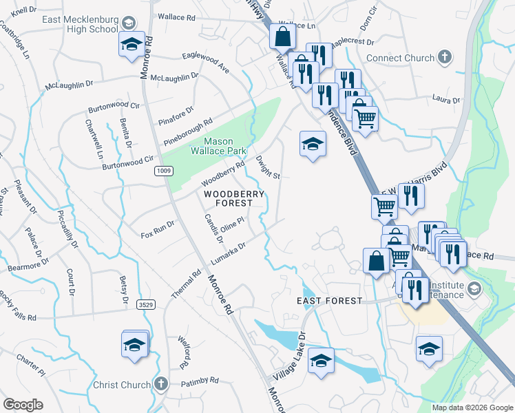 map of restaurants, bars, coffee shops, grocery stores, and more near 7627 Gayle Avenue in Charlotte